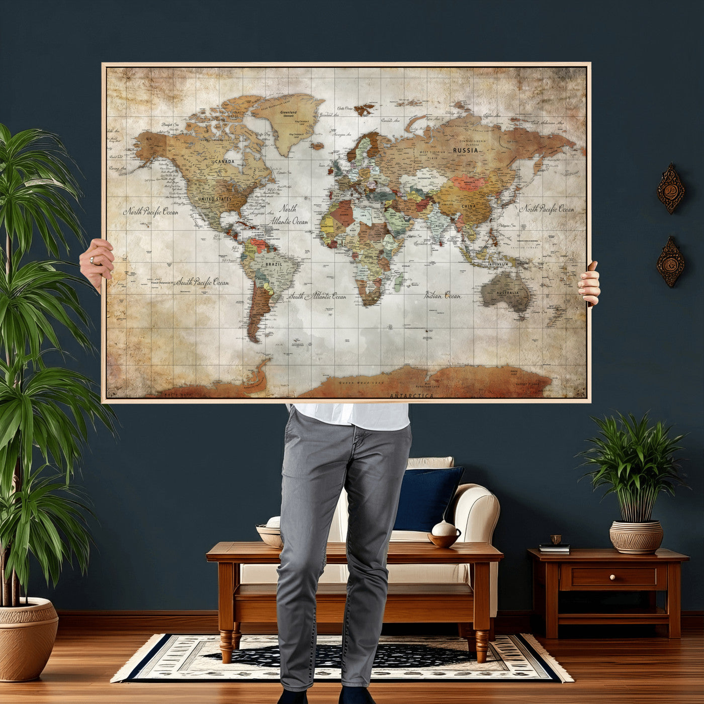 World Map Wall Art Canvas Print, Modern Decorative Framed Map Artwork Prints for Living Room, Office, Bedroom Wall Decor