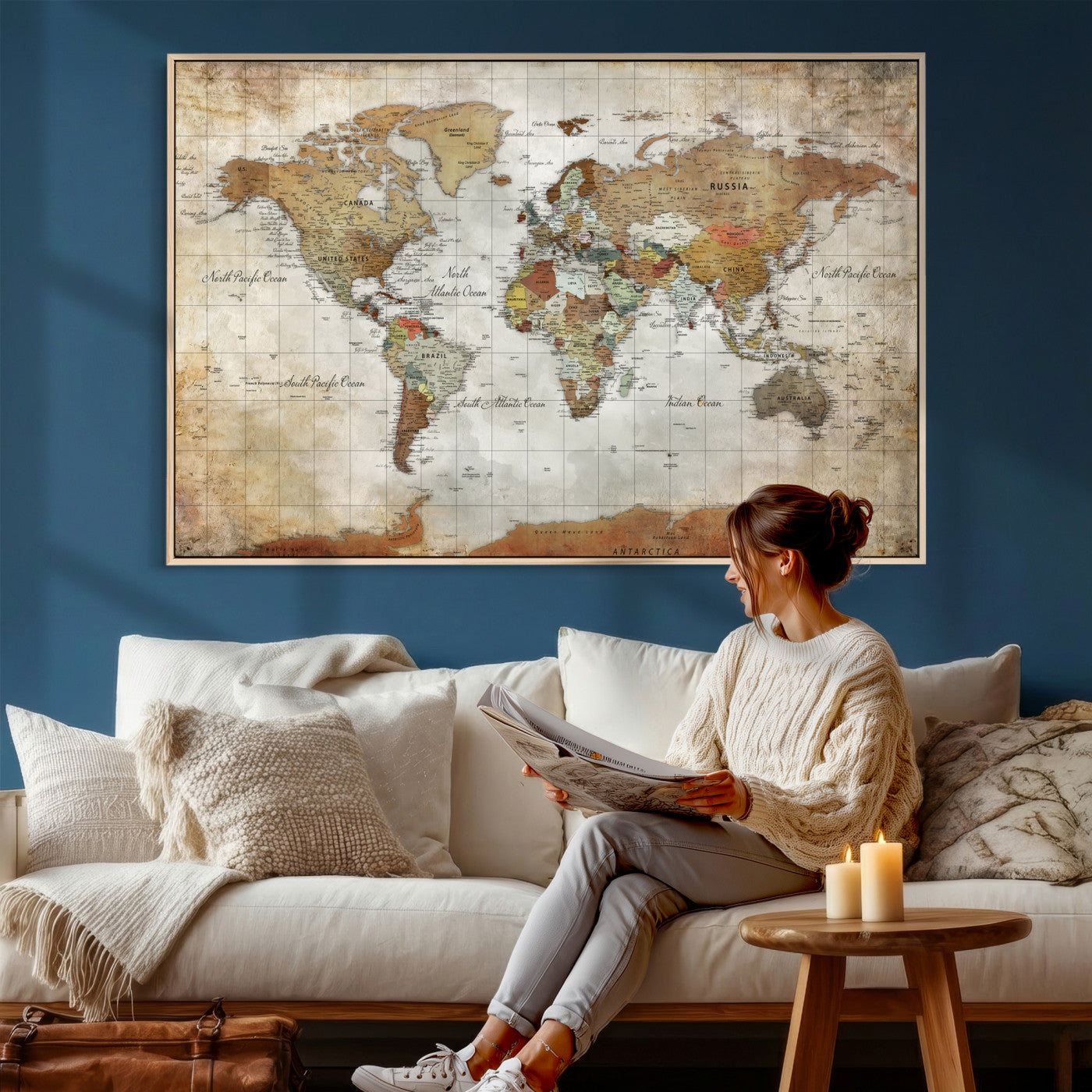 World Map Wall Art Canvas Print, Modern Decorative Framed Map Artwork Prints for Living Room, Office, Bedroom Wall Decor