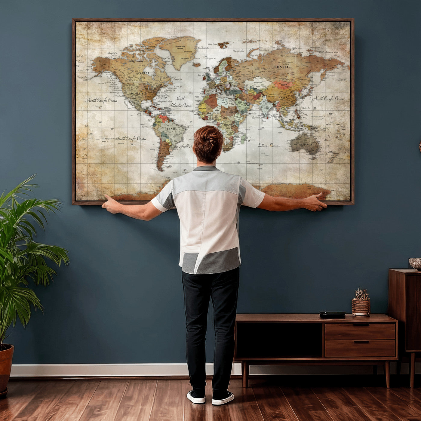 World Map Wall Art Canvas Print, Modern Decorative Framed Map Artwork Prints for Living Room, Office, Bedroom Wall Decor