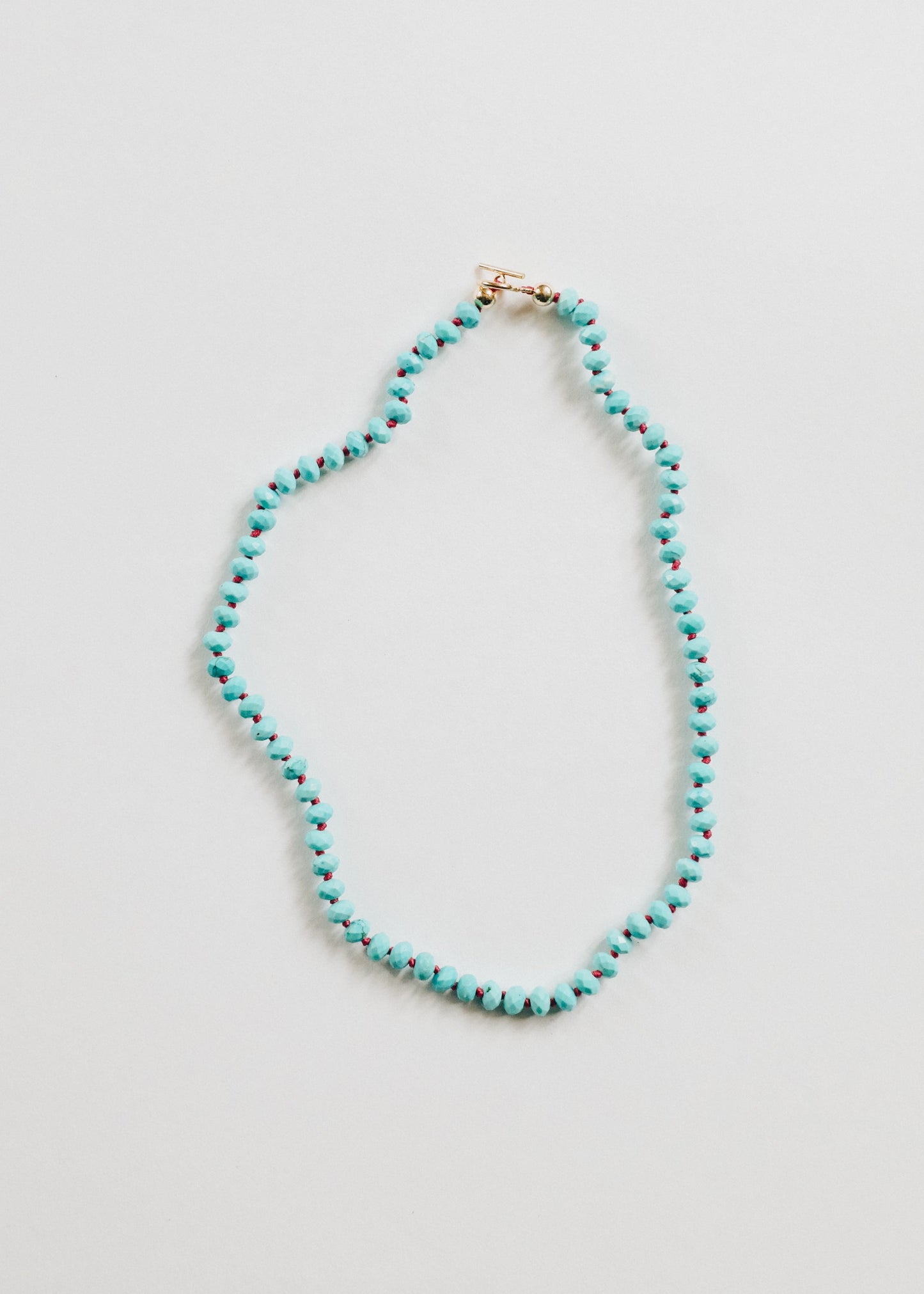 Turquoise Beaded Necklace – 14k Gold Filled Toggle Clasp on Deep Pink Cord