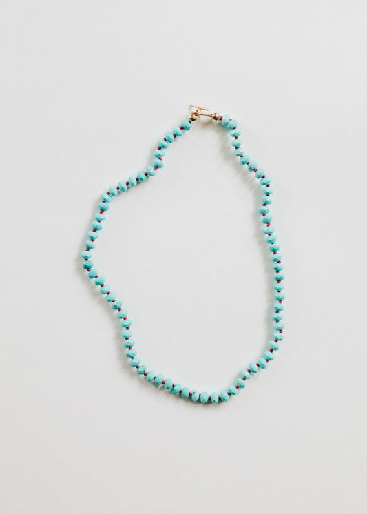 Turquoise Beaded Necklace – 14k Gold Filled Toggle Clasp on Deep Pink Cord