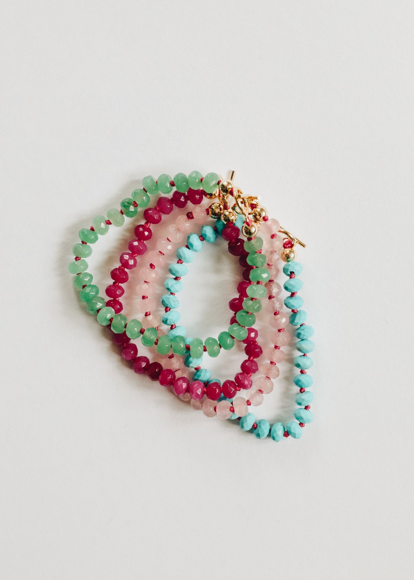 Turquoise Beaded Necklace – 14k Gold Filled Toggle Clasp on Deep Pink Cord