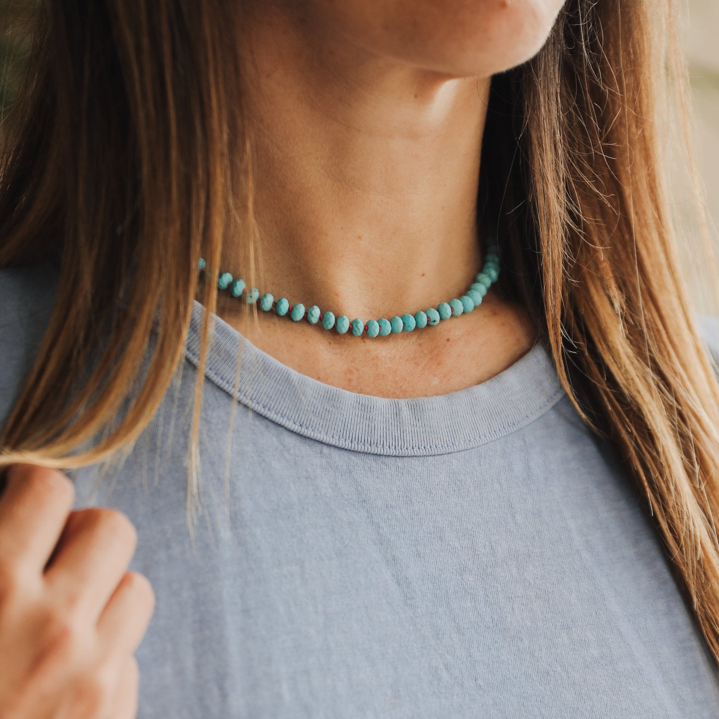 Turquoise Beaded Necklace – 14k Gold Filled Toggle Clasp on Deep Pink Cord