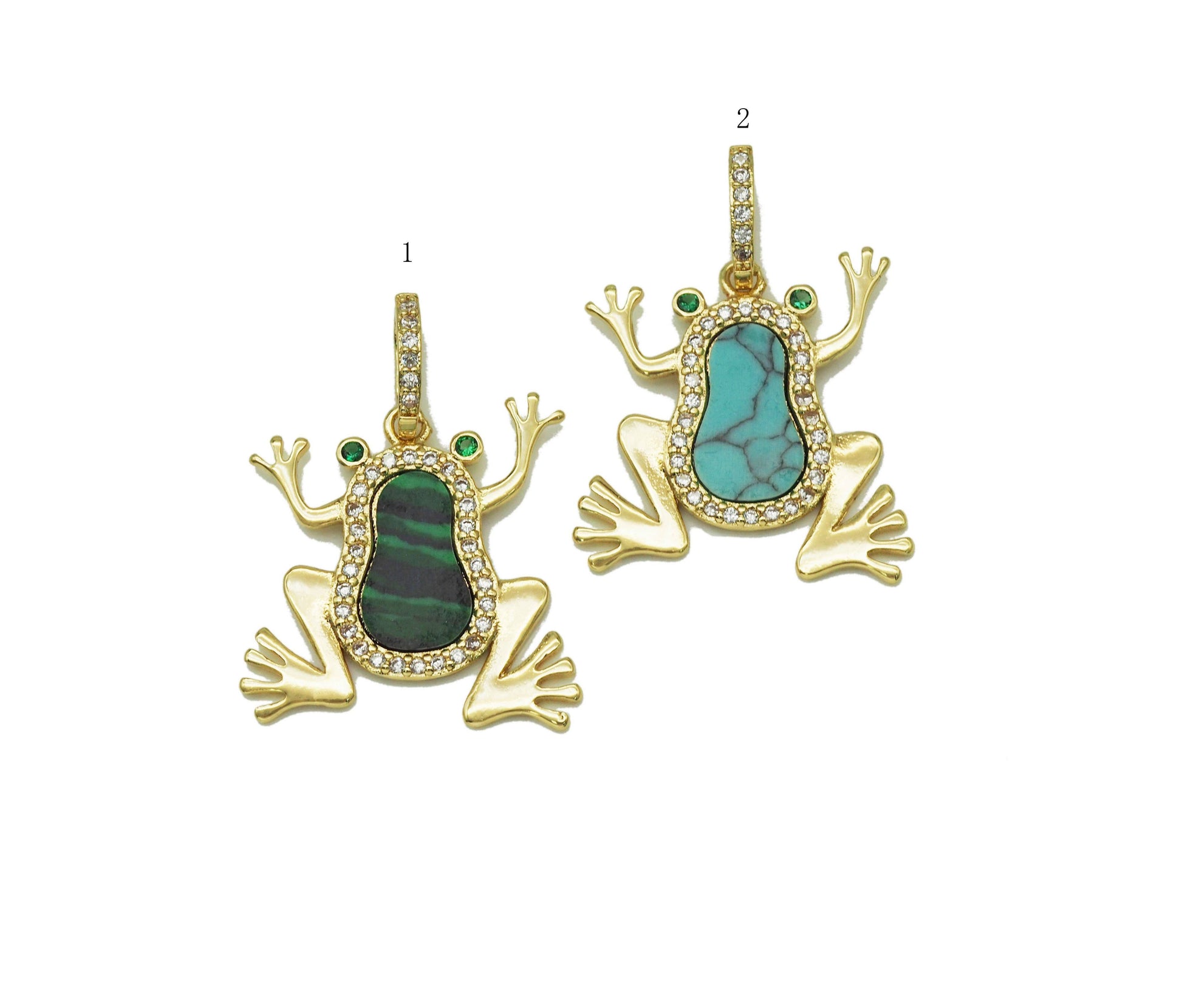 Gold frog-shaped earrings with green and turquoise stones on a white background