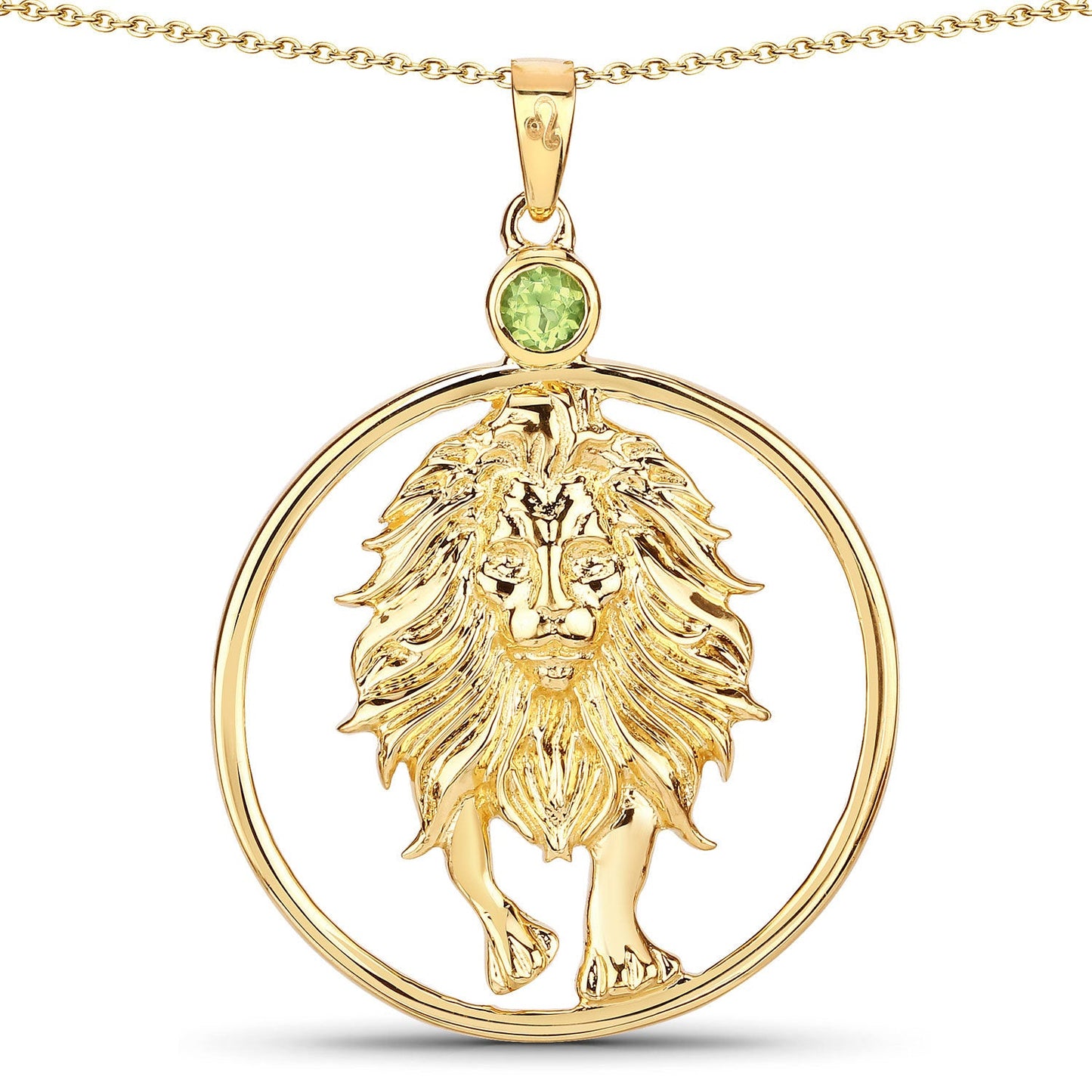 Gold lion pendant with a green gemstone on a white background