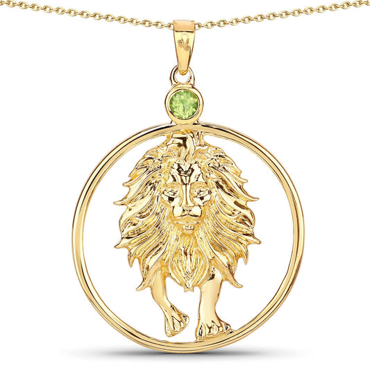 Gold lion pendant with a green gemstone on a white background