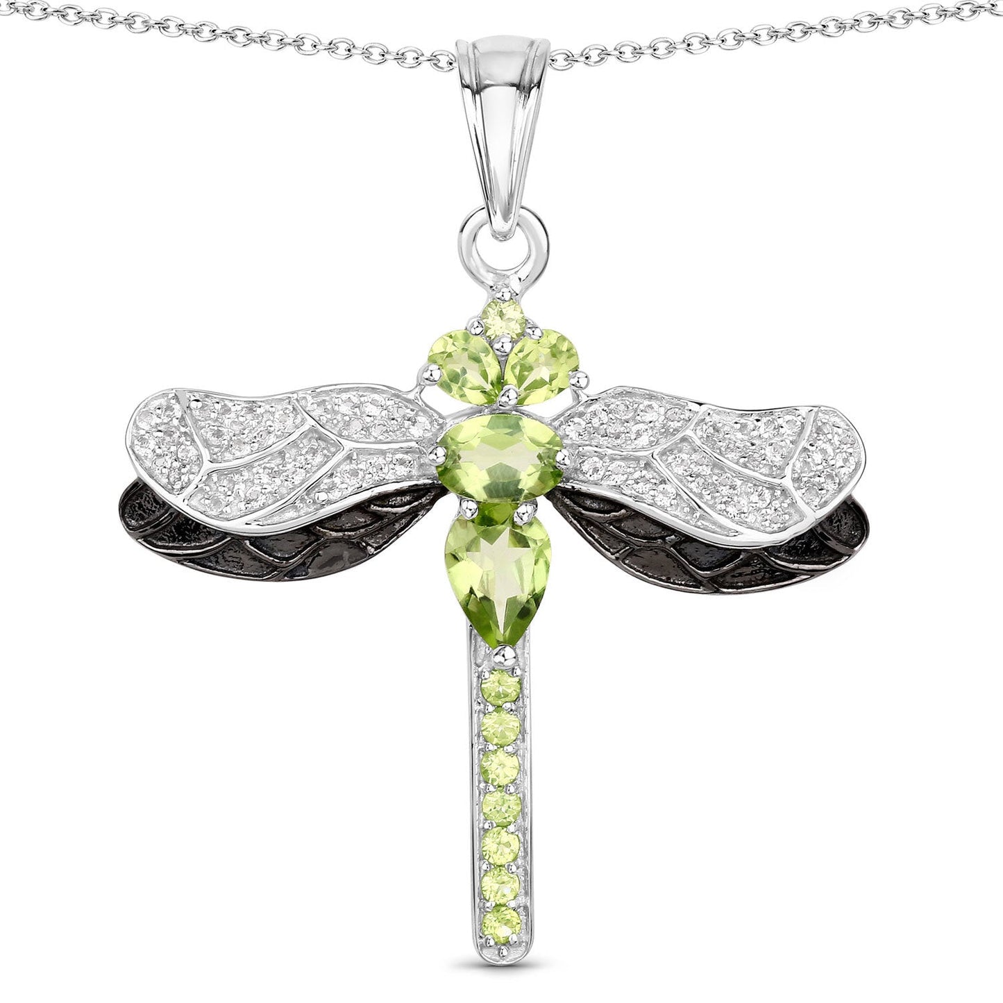 Genuine Peridot & White Topaz Dragonfly Pendant in .925 Sterling Silver — 1.98 ctw