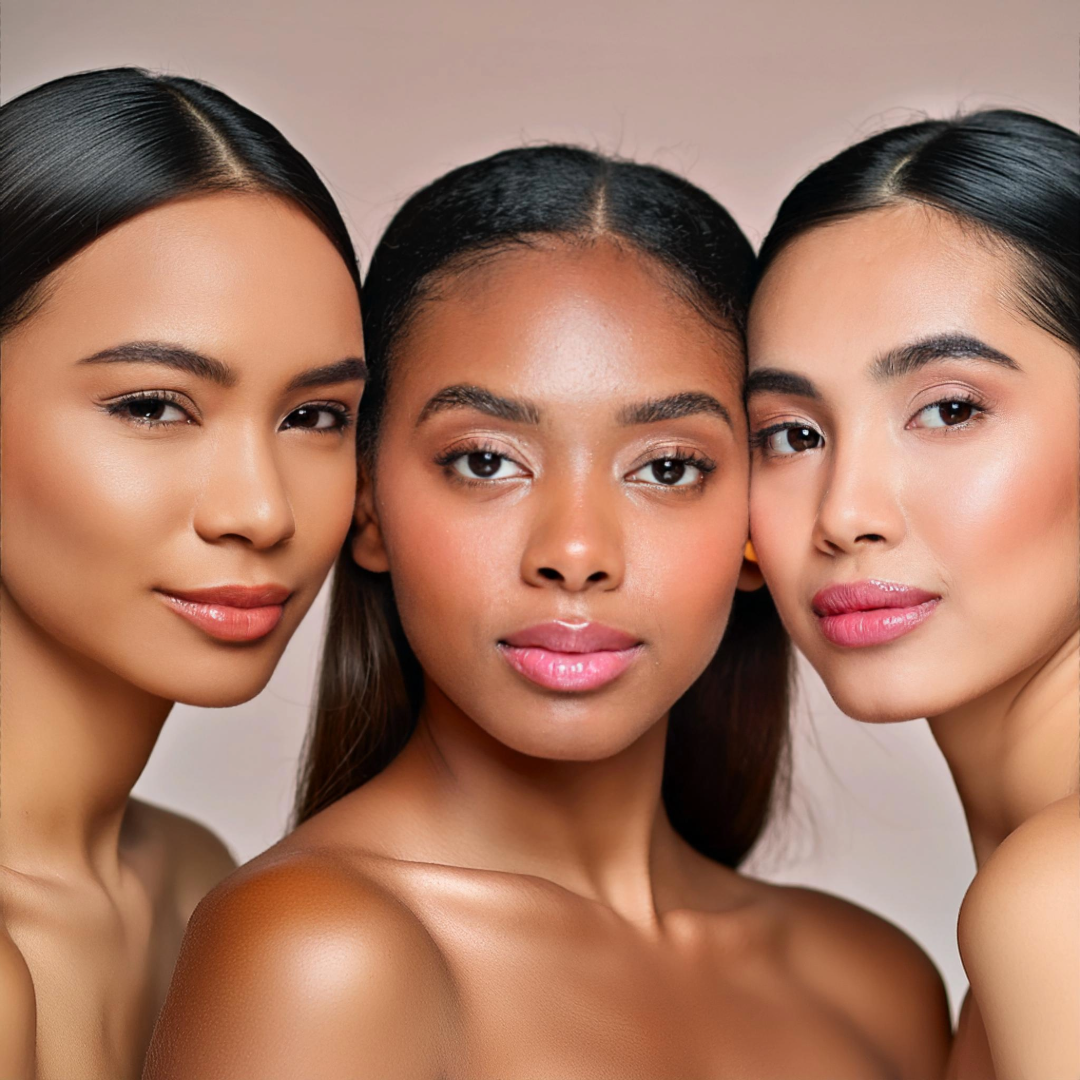 Three women with different skin tones posing together against a neutral background