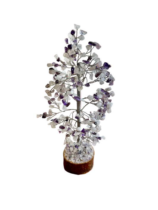 Amethyst and White Quartz 11" Crystal Tree with Wooden Base