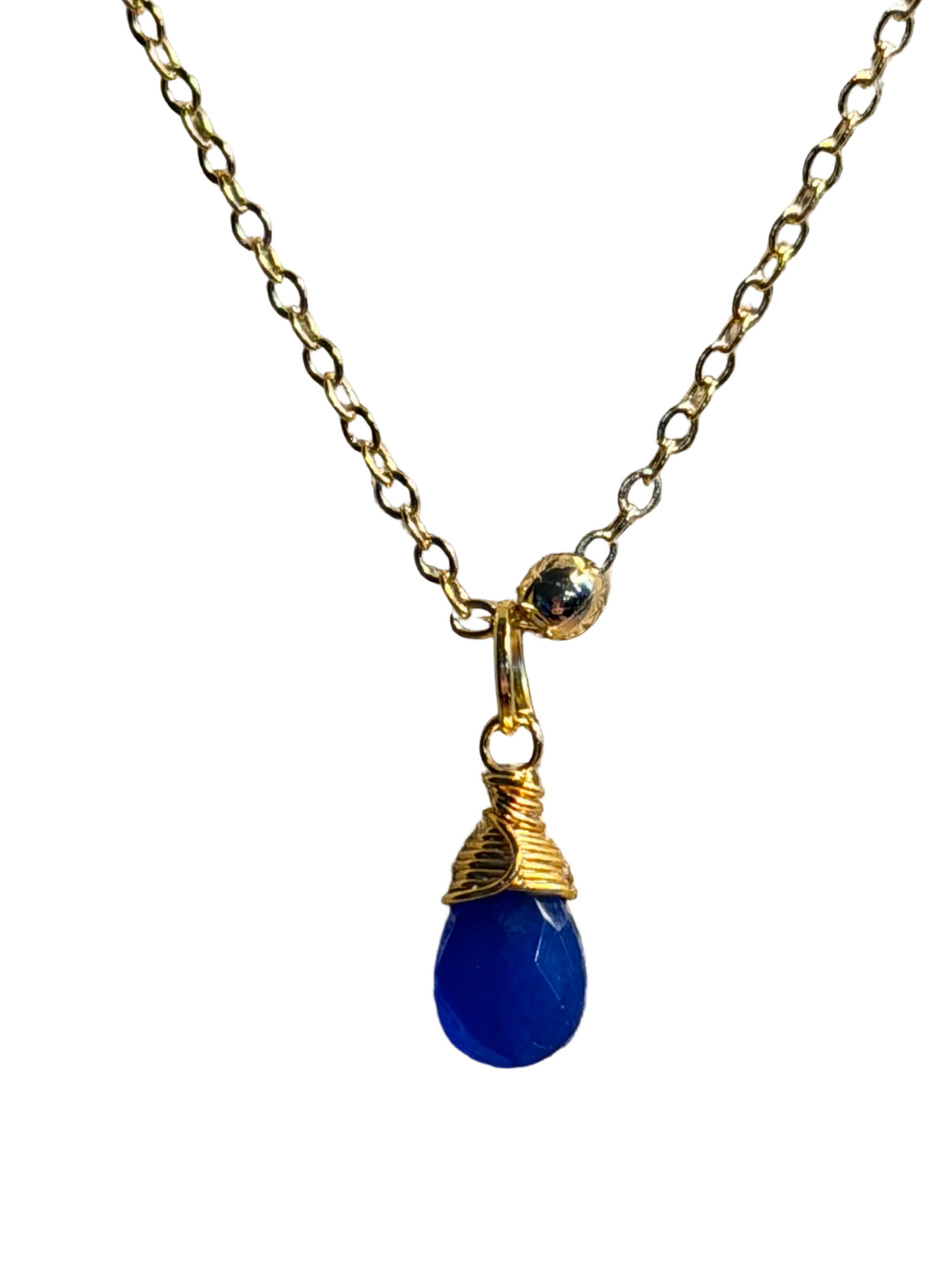 Gold necklace with a blue chalcedony teardrop pendant 