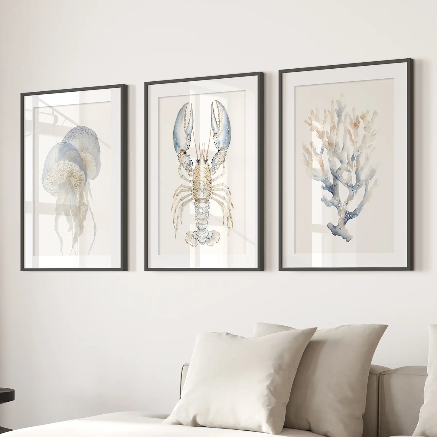 Coastal Wall Art Set of 3 | Watercolor Jellyfish, Lobster & Coral Reef Prints