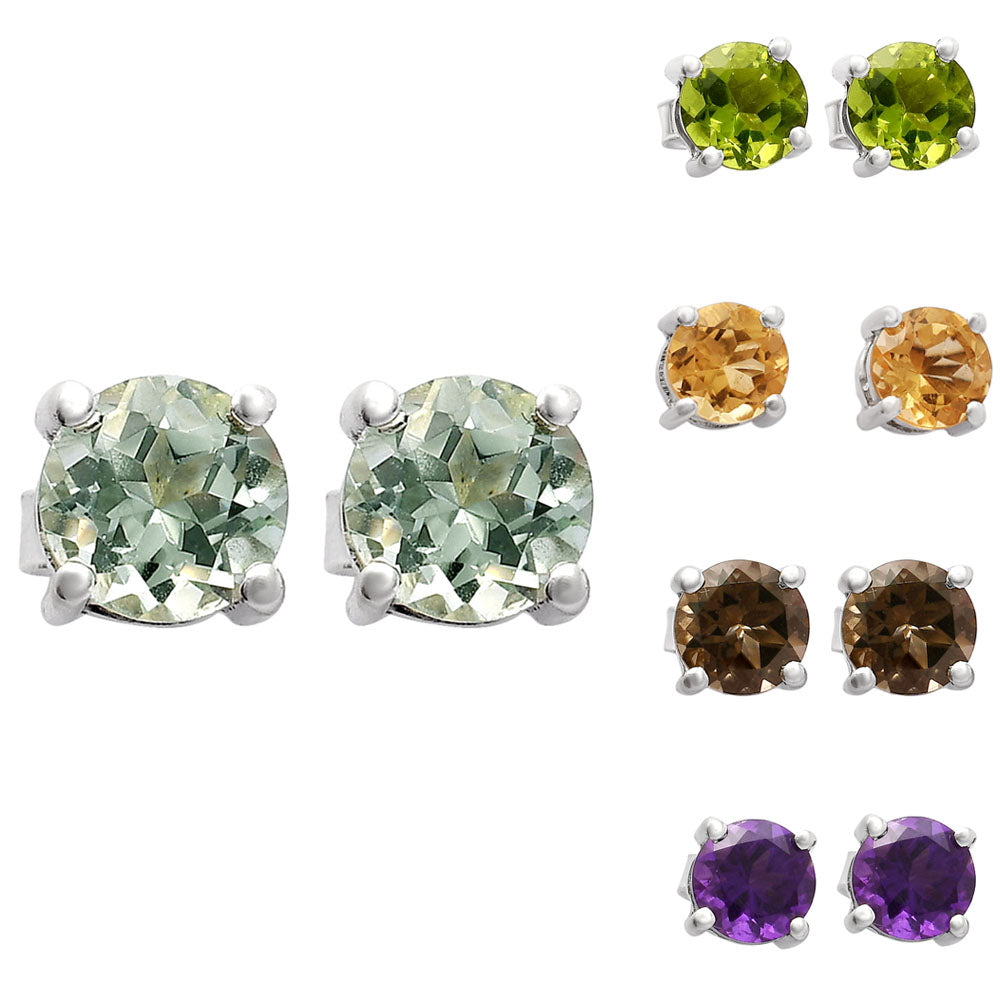 Natural Gemstone Round Cut Stud Earrings in .925 Sterling Silver — Choose Your Stone