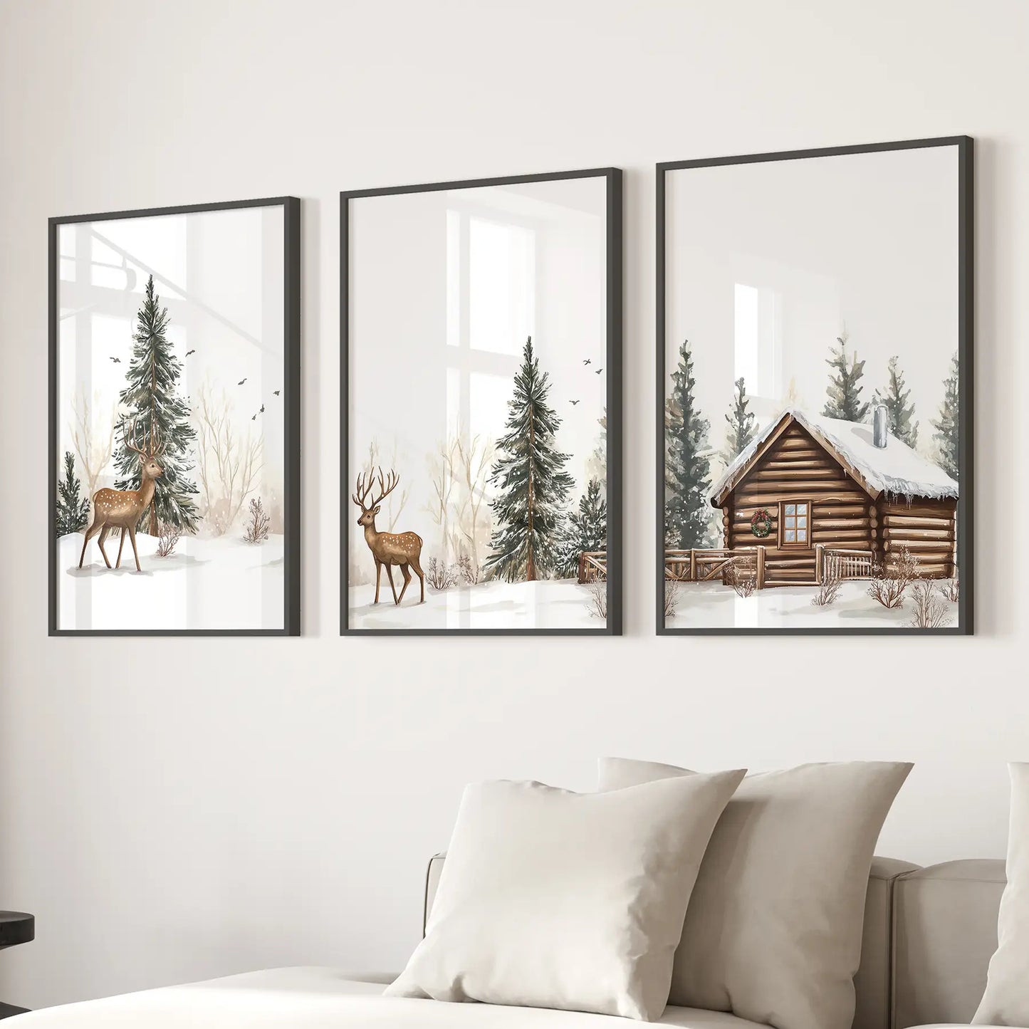 Winter Wall Art Set of 3 | Rustic Deer, Cabin & Snowy Pine Forest Prints
