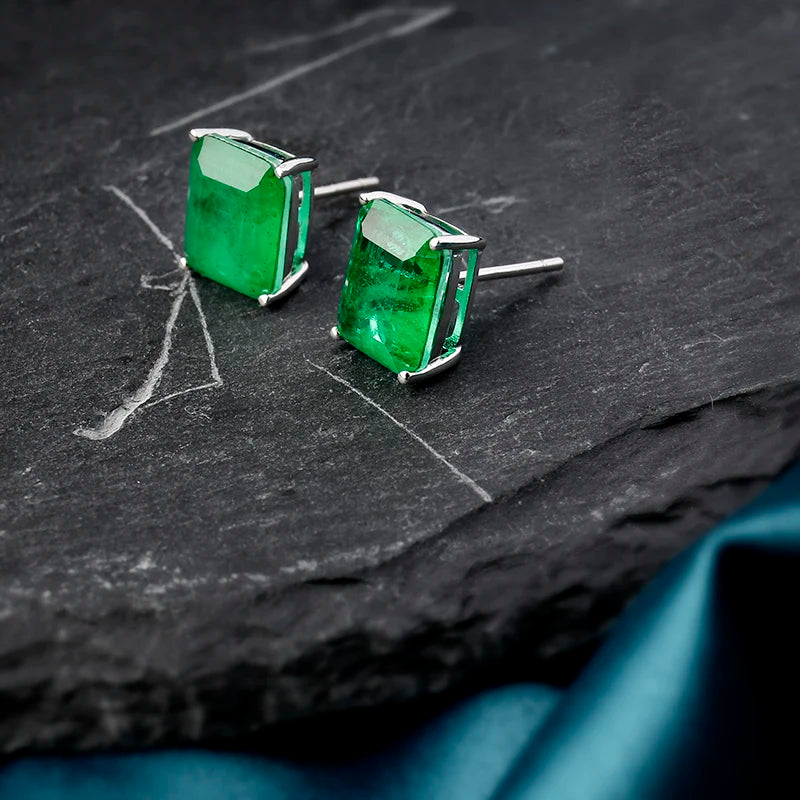 Square Emerald Stud Earrings in Sterling Silver