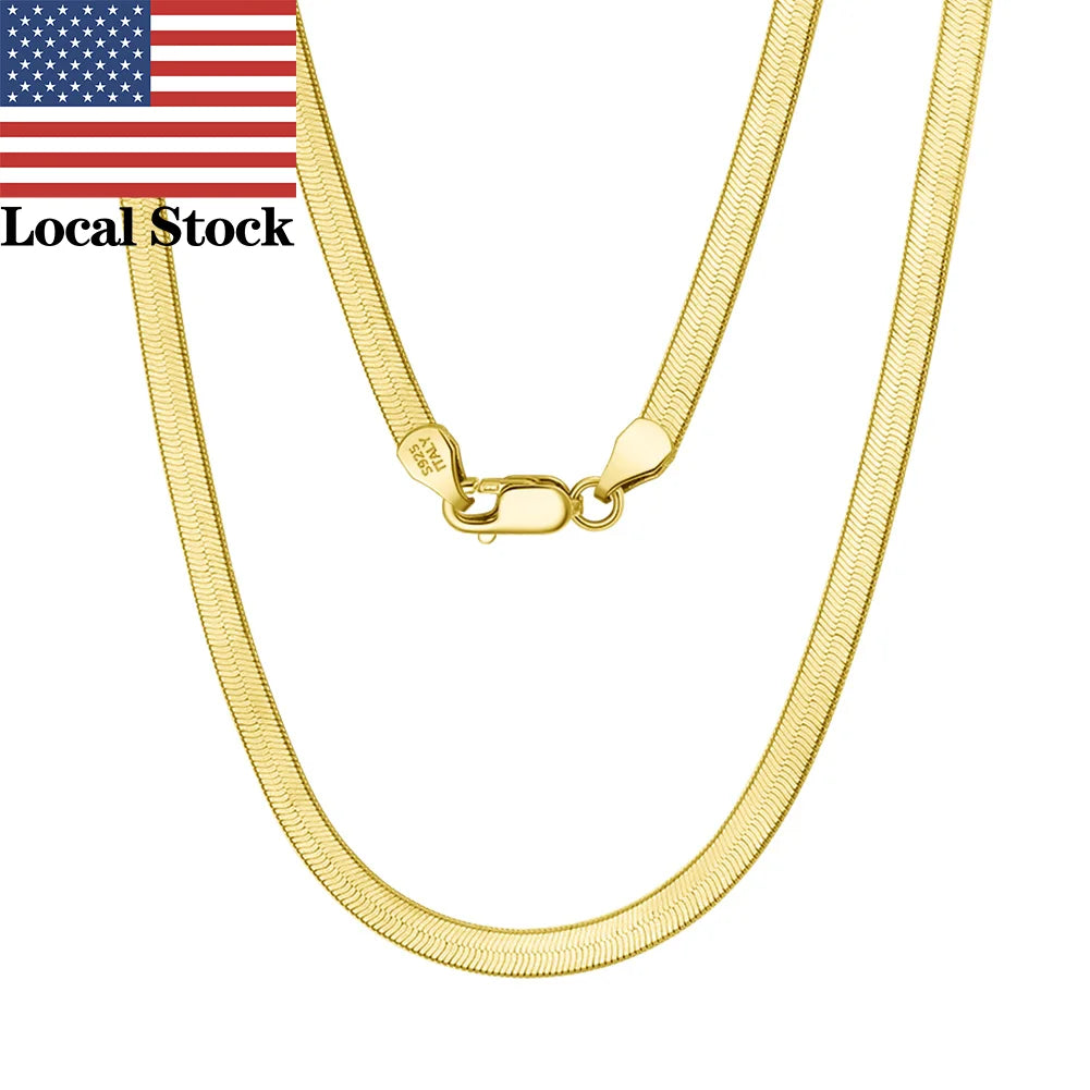 Flat Herringbone Chain Necklace | 18k Gold Plated 925 Sterling Silver | 3mm