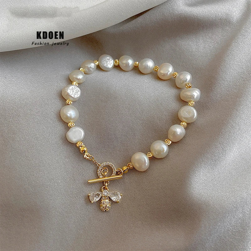 Baroque Pearl Bracelet with Zircon Bee Charm - Natural Freshwater Pearls