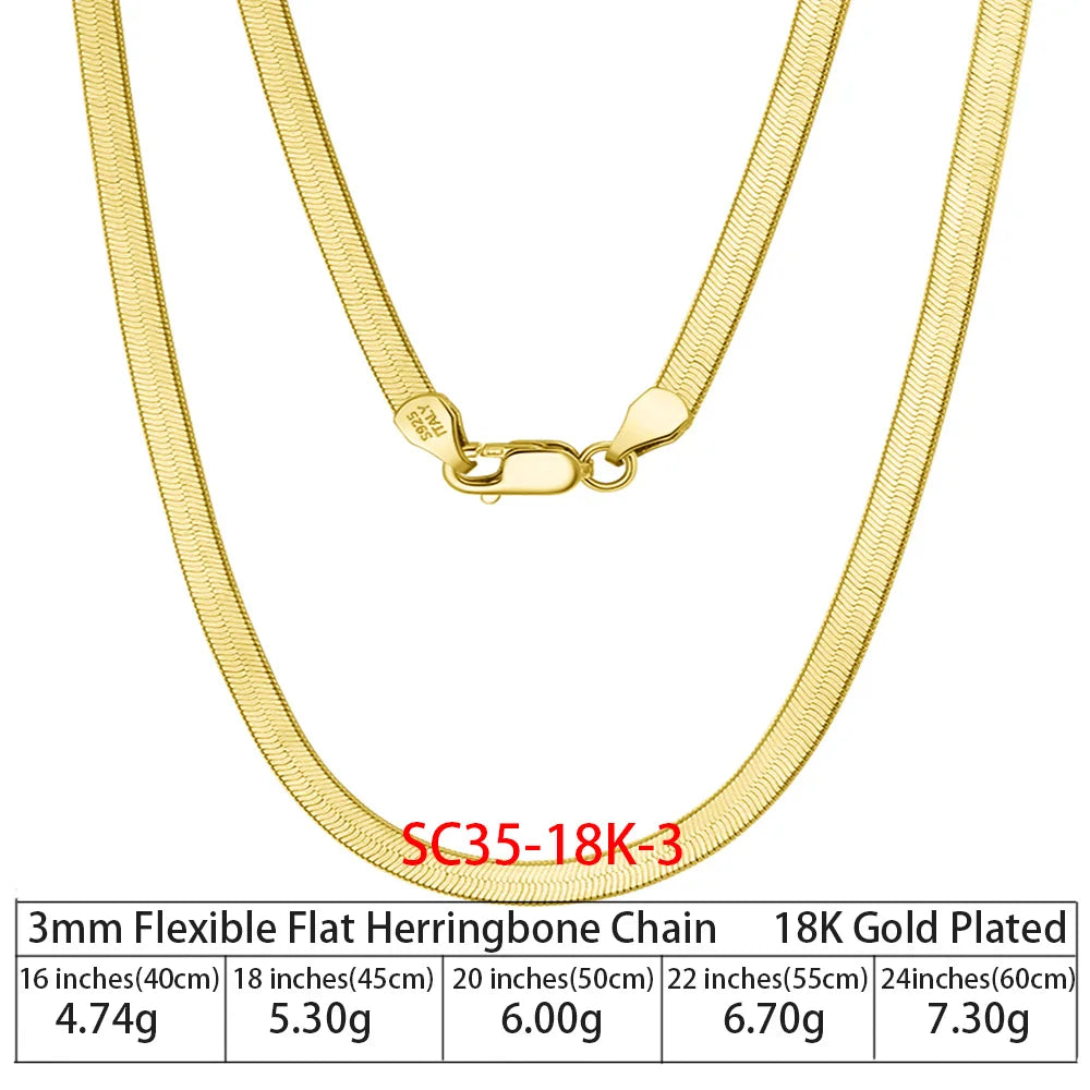 Flat Herringbone Chain Necklace | 18k Gold Plated 925 Sterling Silver | 3mm