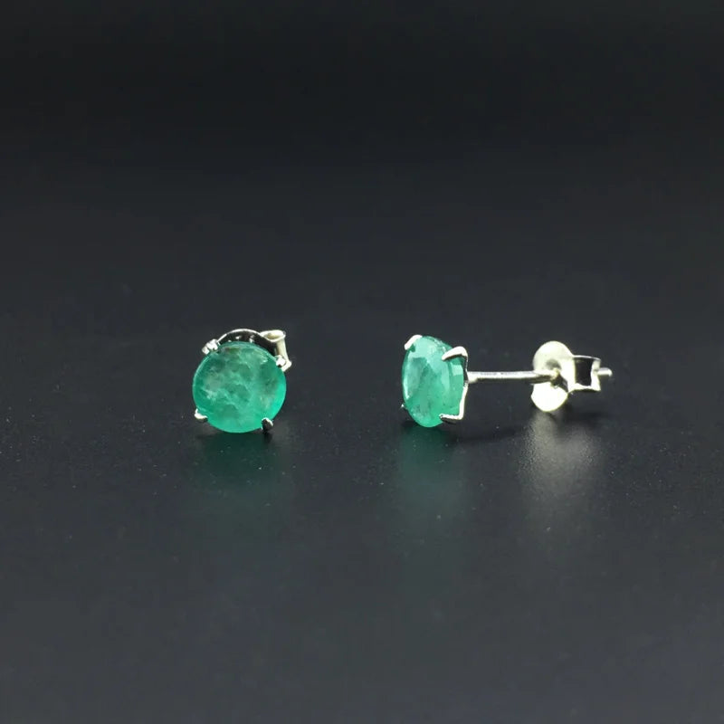 Natural Emerald Round Stud Earrings in Sterling Silver