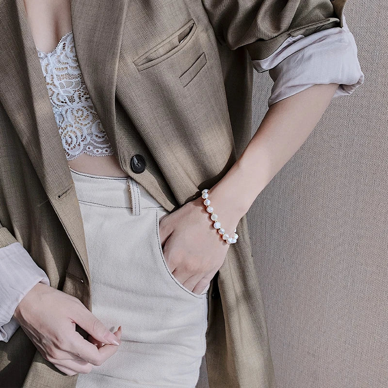 Baroque Pearl Bracelet with Zircon Bee Charm - Natural Freshwater Pearls