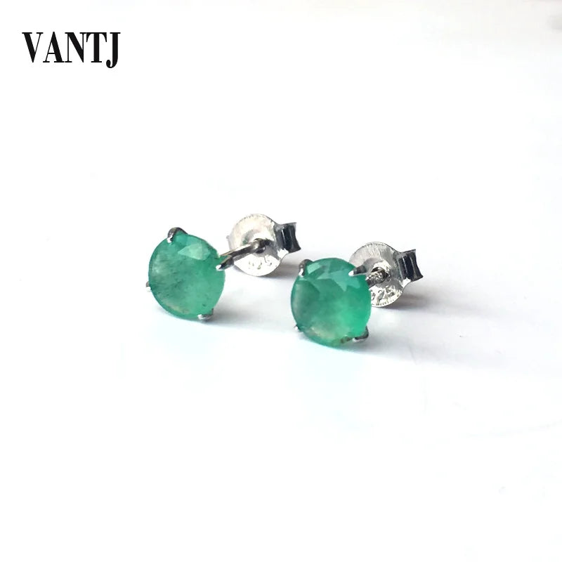 Natural Emerald Round Stud Earrings in Sterling Silver