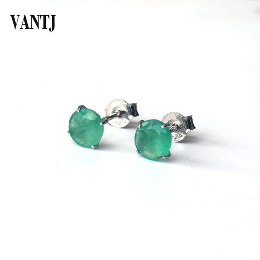 Natural Emerald Round Stud Earrings in Sterling Silver