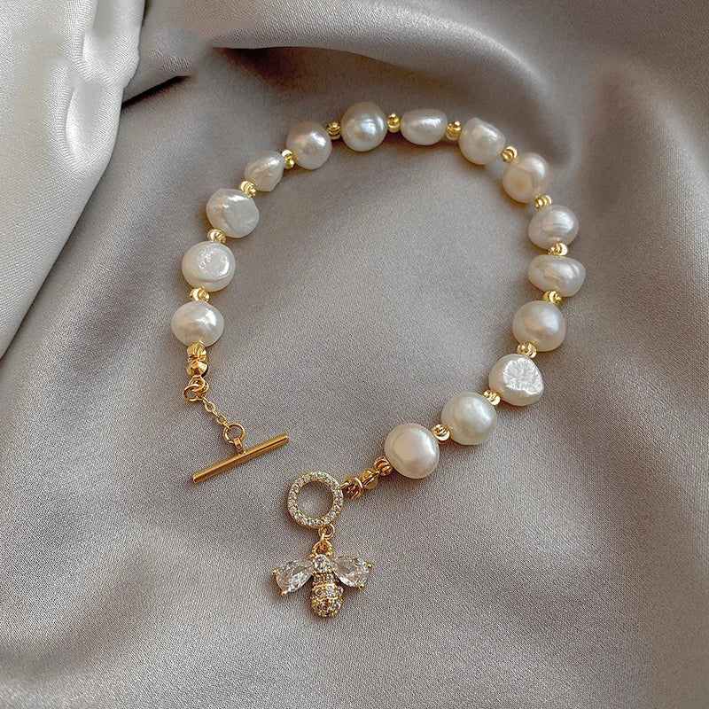 Baroque Pearl Bracelet with Zircon Bee Charm - Natural Freshwater Pearls