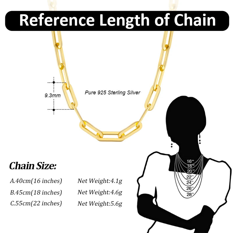 925 Sterling Silver Paperclip Chain Necklace - 14K Gold Plated Unisex