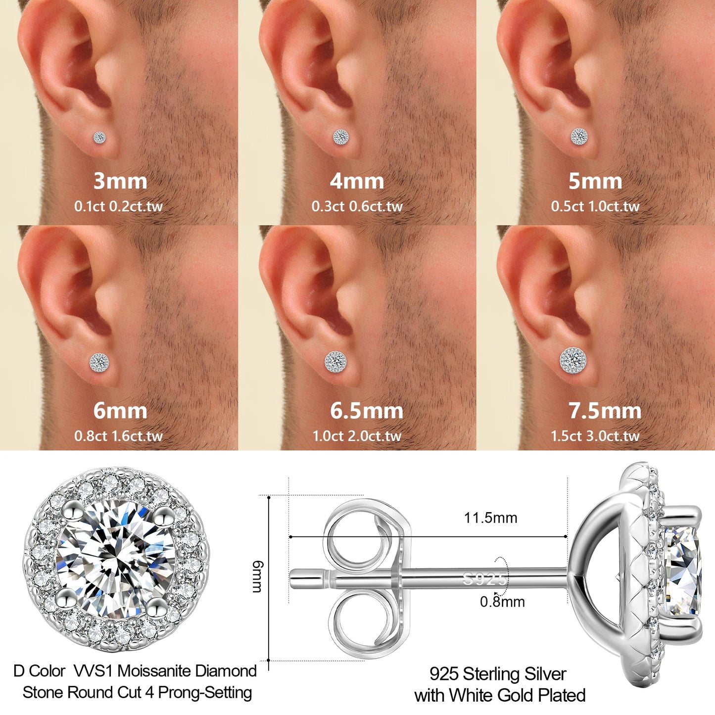 Moissanite Stud Earrings - 925 Sterling Silver Diamond Alternative