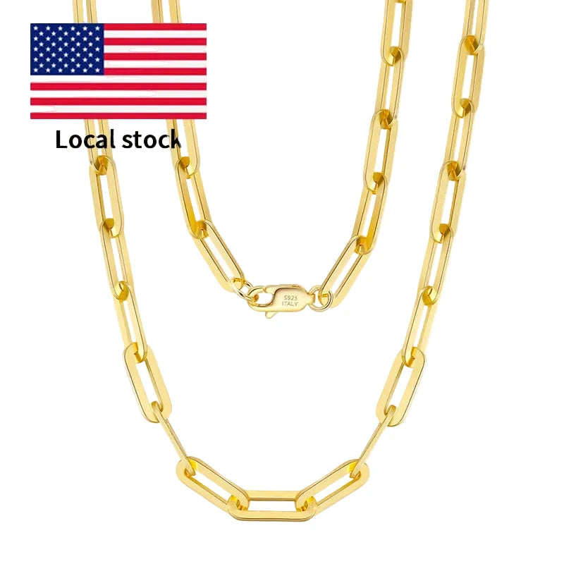 925 Sterling Silver Paperclip Chain Necklace - 14K Gold Plated Unisex