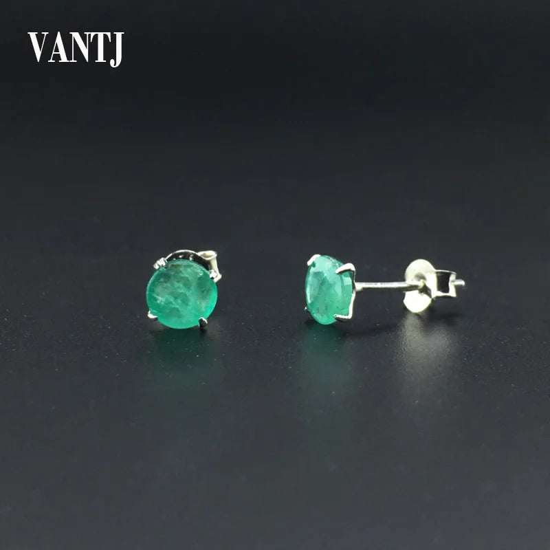 Natural Emerald Round Stud Earrings in Sterling Silver