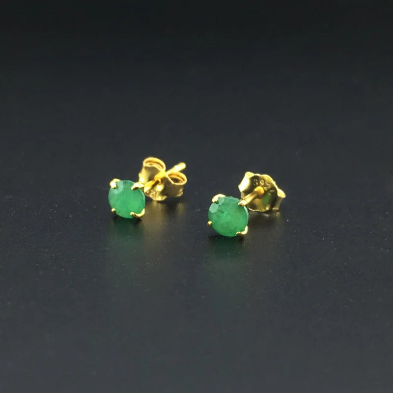 Natural Emerald Round Stud Earrings in Sterling Silver