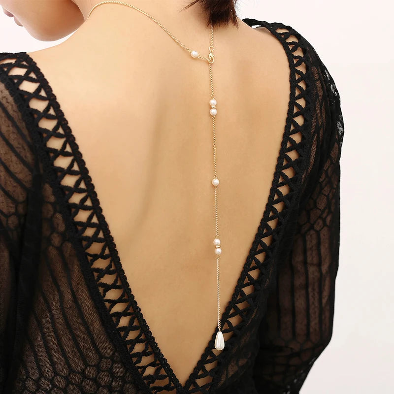 Pearl Drop Backdrop Body Chain Necklace | Gold & Silver