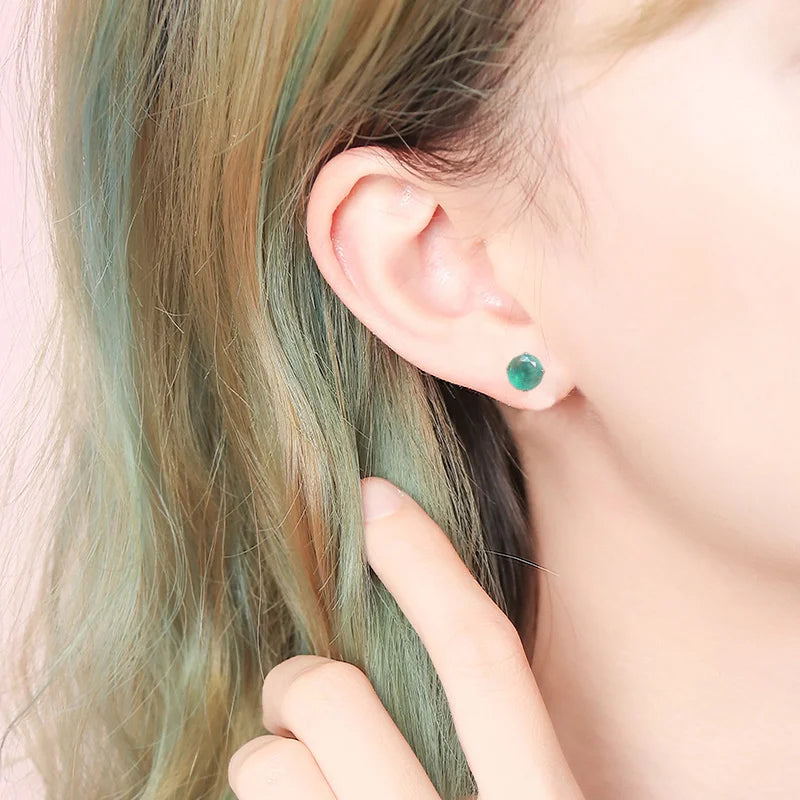Natural Emerald Round Stud Earrings in Sterling Silver