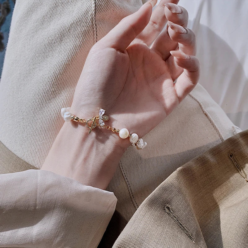 Baroque Pearl Bracelet with Zircon Bee Charm - Natural Freshwater Pearls