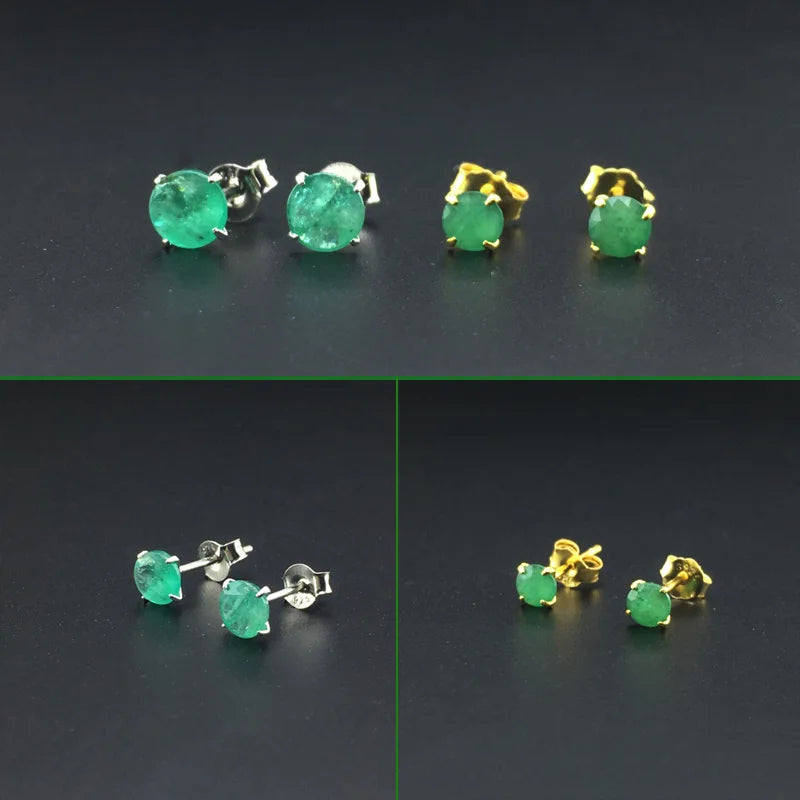 Natural Emerald Round Stud Earrings in Sterling Silver