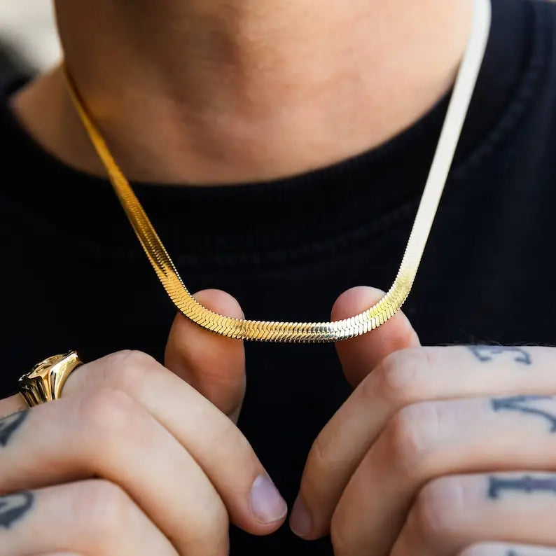 Flat Herringbone Chain Necklace | 18k Gold Plated 925 Sterling Silver | 3mm