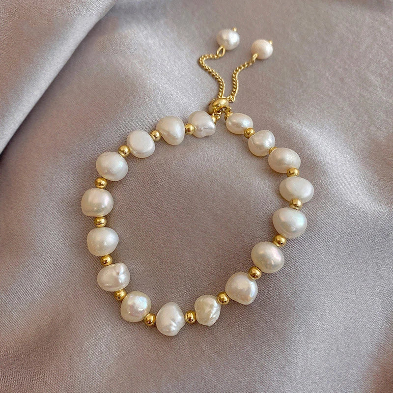 Baroque Pearl Bracelet with Zircon Bee Charm - Natural Freshwater Pearls