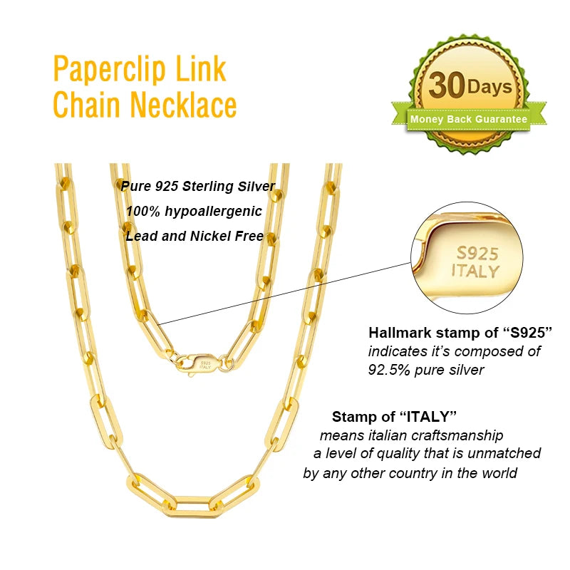 925 Sterling Silver Paperclip Chain Necklace - 14K Gold Plated Unisex