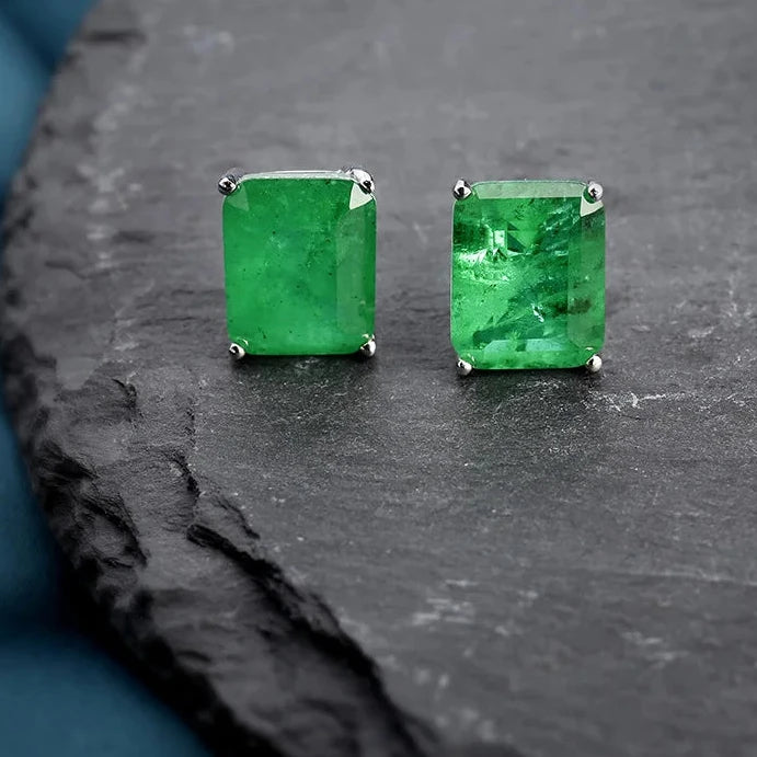 Square Emerald Stud Earrings in Sterling Silver