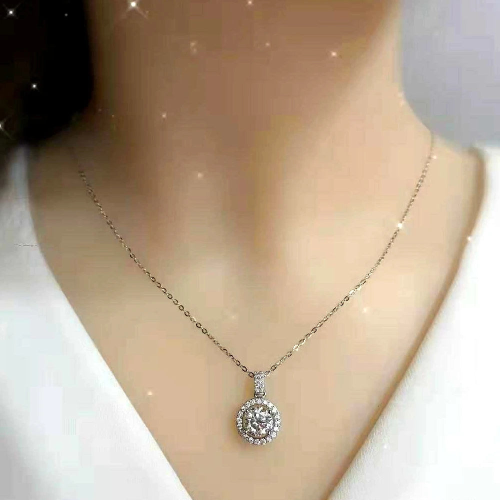 Moissanite Round Brilliant Pendant Necklace | 925 Sterling Silver | 1ct & 2ct