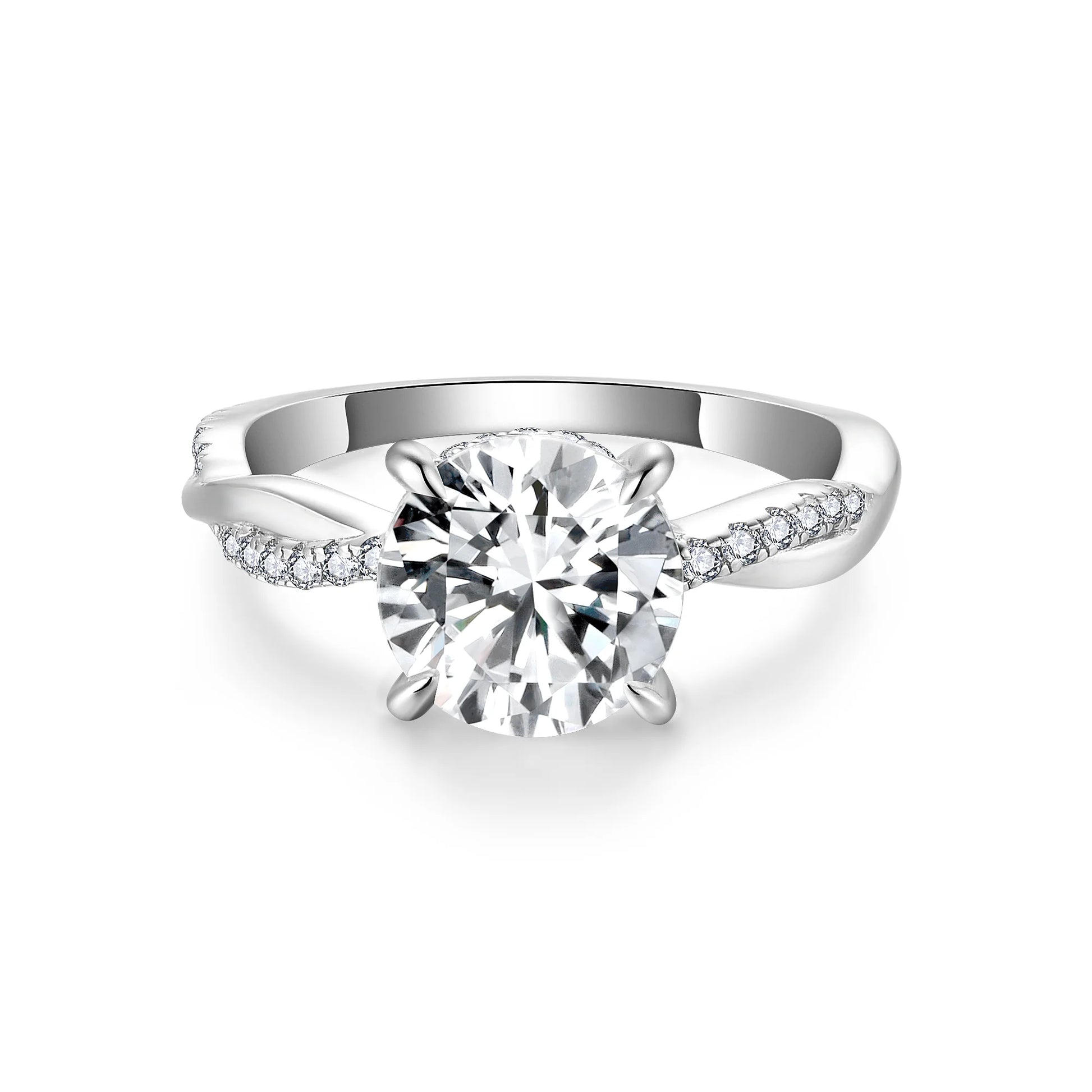 Silver ring with a large diamond and smaller diamonds on the band against a white background