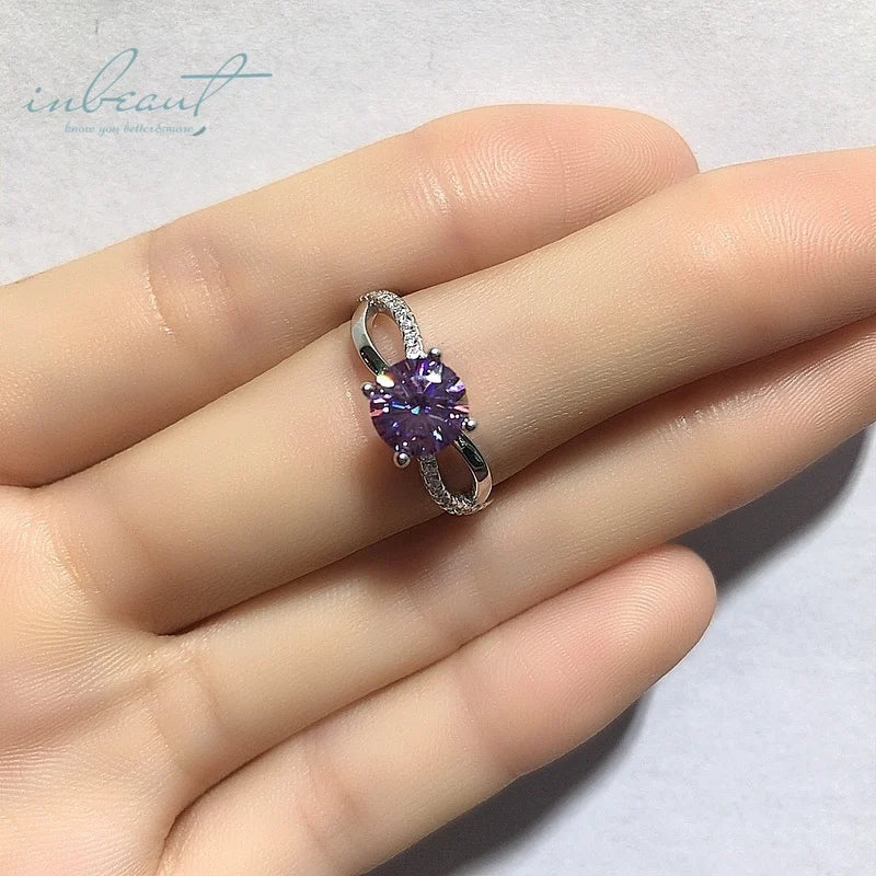 Silver 925 Original 1 Ct Brilliant Cut Diamond Test Past Purple Moissanite Forever Love Ring for Women Wedding Gemstone Jewelry