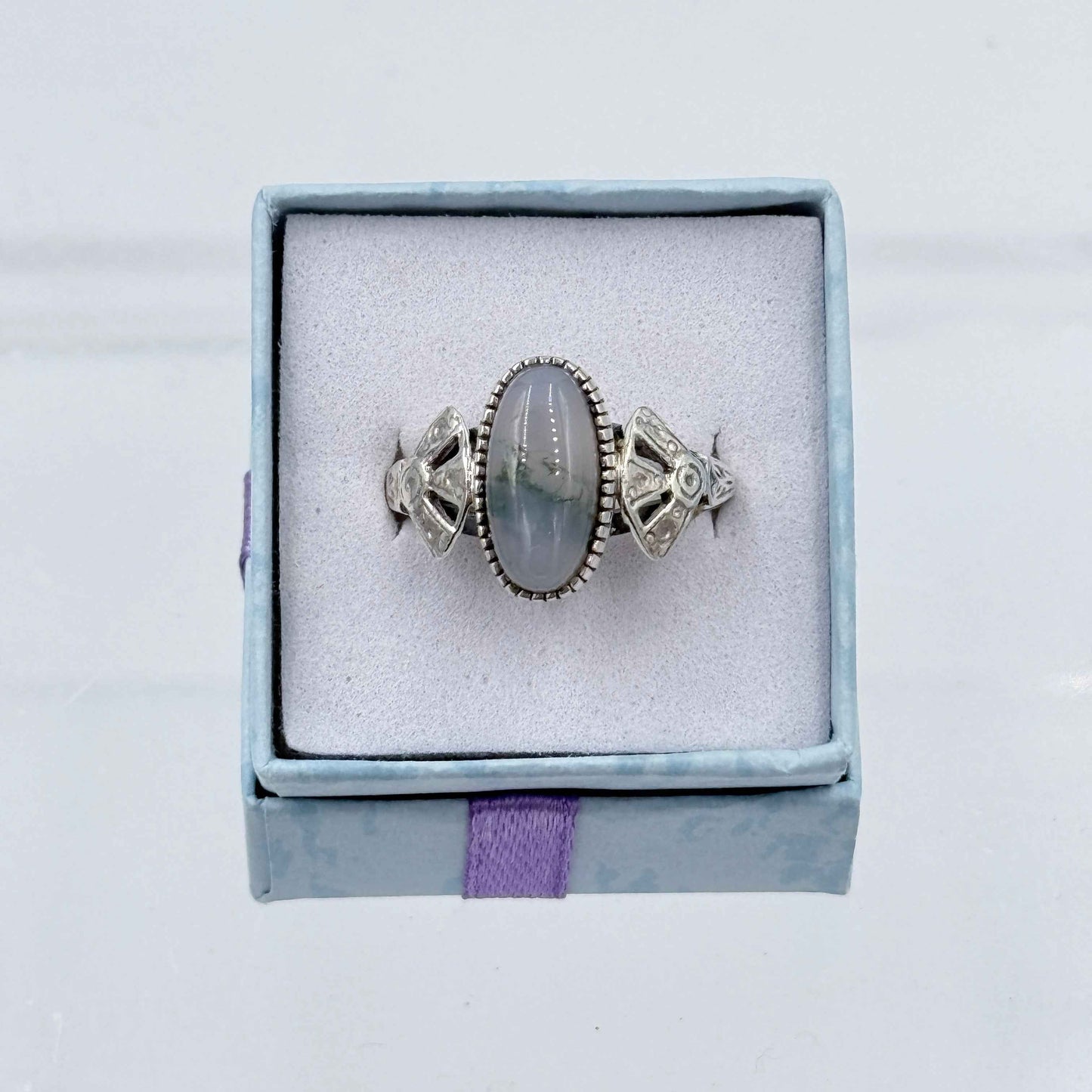 Sterling Silver Fan Banded Oval Moss Agate Ring - Size 9 - Grounding, Nurturing & Growth