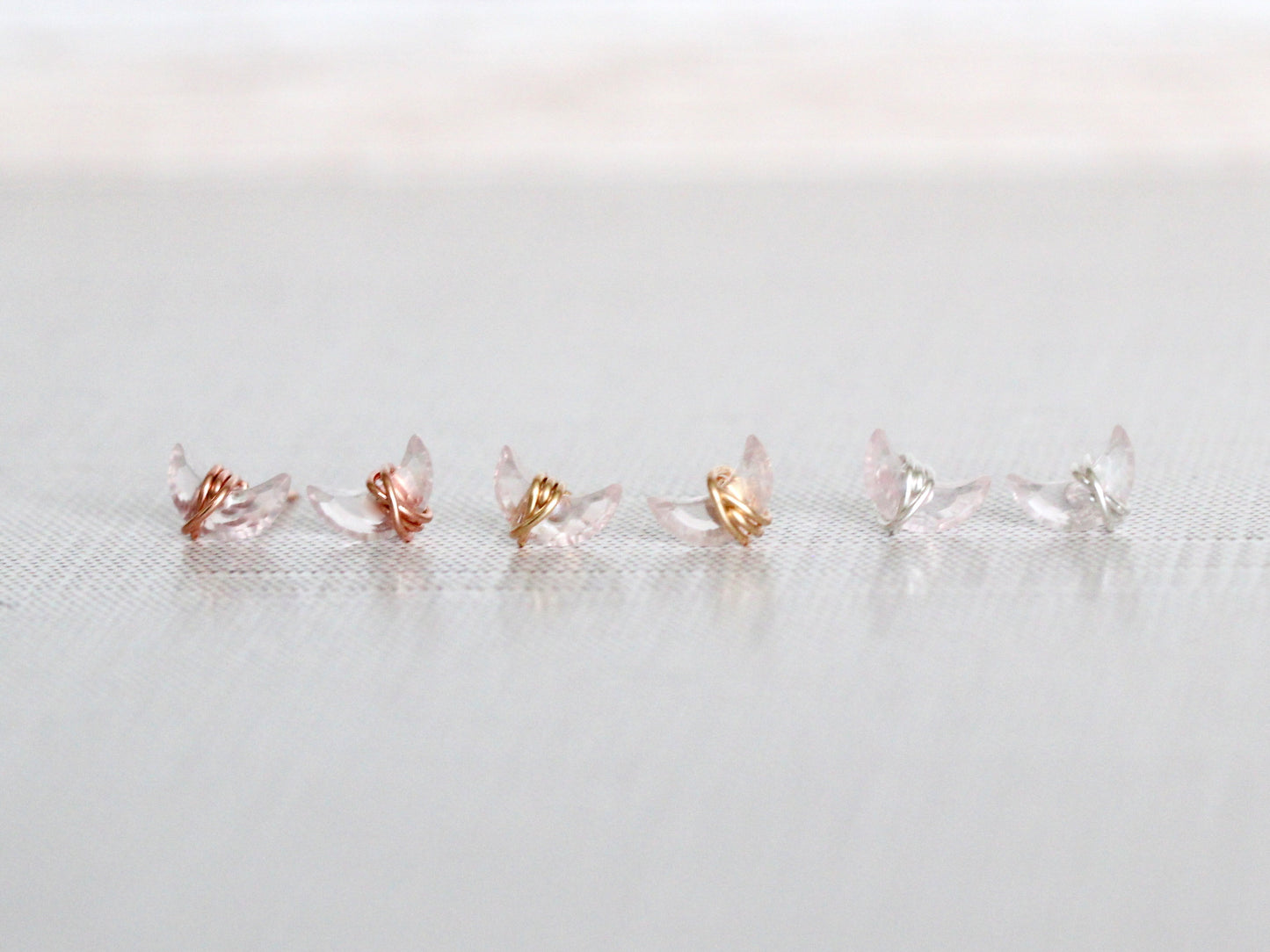 Mini Moonbeam Studs | Rose Quartz Crescent Moon | Sterling Silver, Gold Fill & Rose Gold Fill