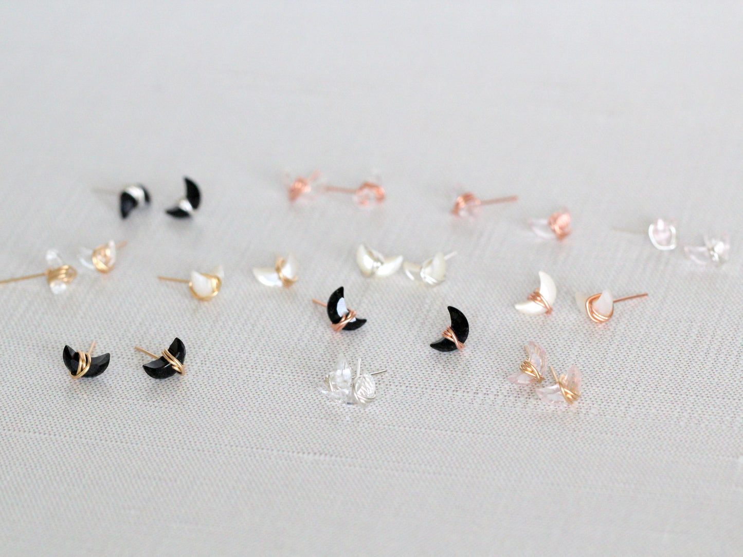 Mini Moonbeam Studs | Rose Quartz Crescent Moon | Sterling Silver, Gold Fill & Rose Gold Fill