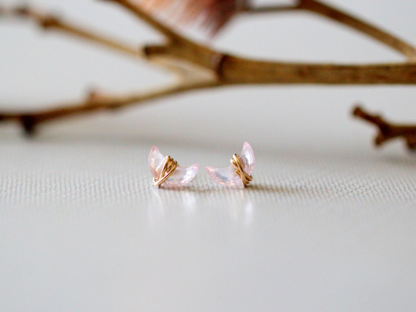 Mini Moonbeam Studs | Rose Quartz Crescent Moon | Sterling Silver, Gold Fill & Rose Gold Fill