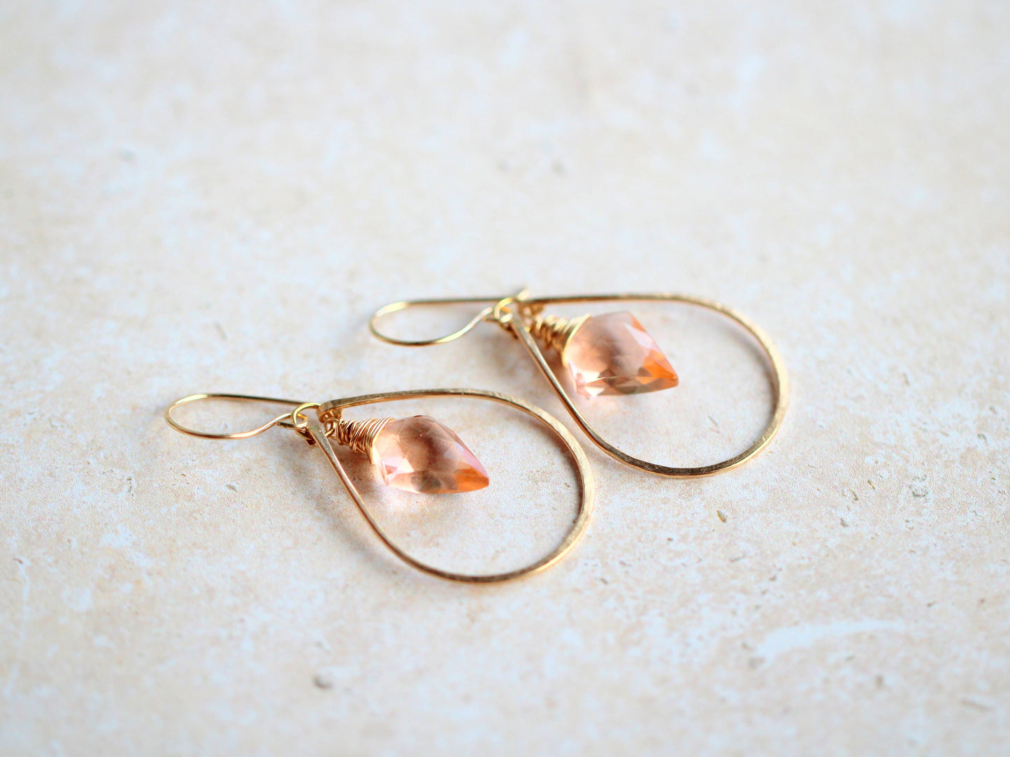 Arrow Hoop Earrings | Rosé Quartz Arrowhead | Hammered Teardrop Hoop | Sterling Silver, Gold & Rose Gold Fill