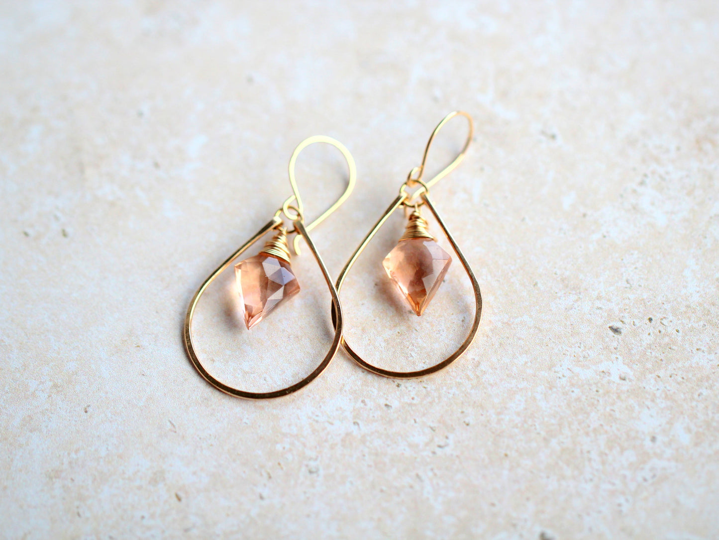 Arrow Hoop Earrings | Rosé Quartz Arrowhead | Hammered Teardrop Hoop | Sterling Silver, Gold & Rose Gold Fill