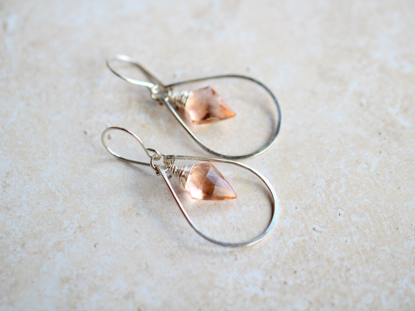 Arrow Hoop Earrings | Rosé Quartz Arrowhead | Hammered Teardrop Hoop | Sterling Silver, Gold & Rose Gold Fill
