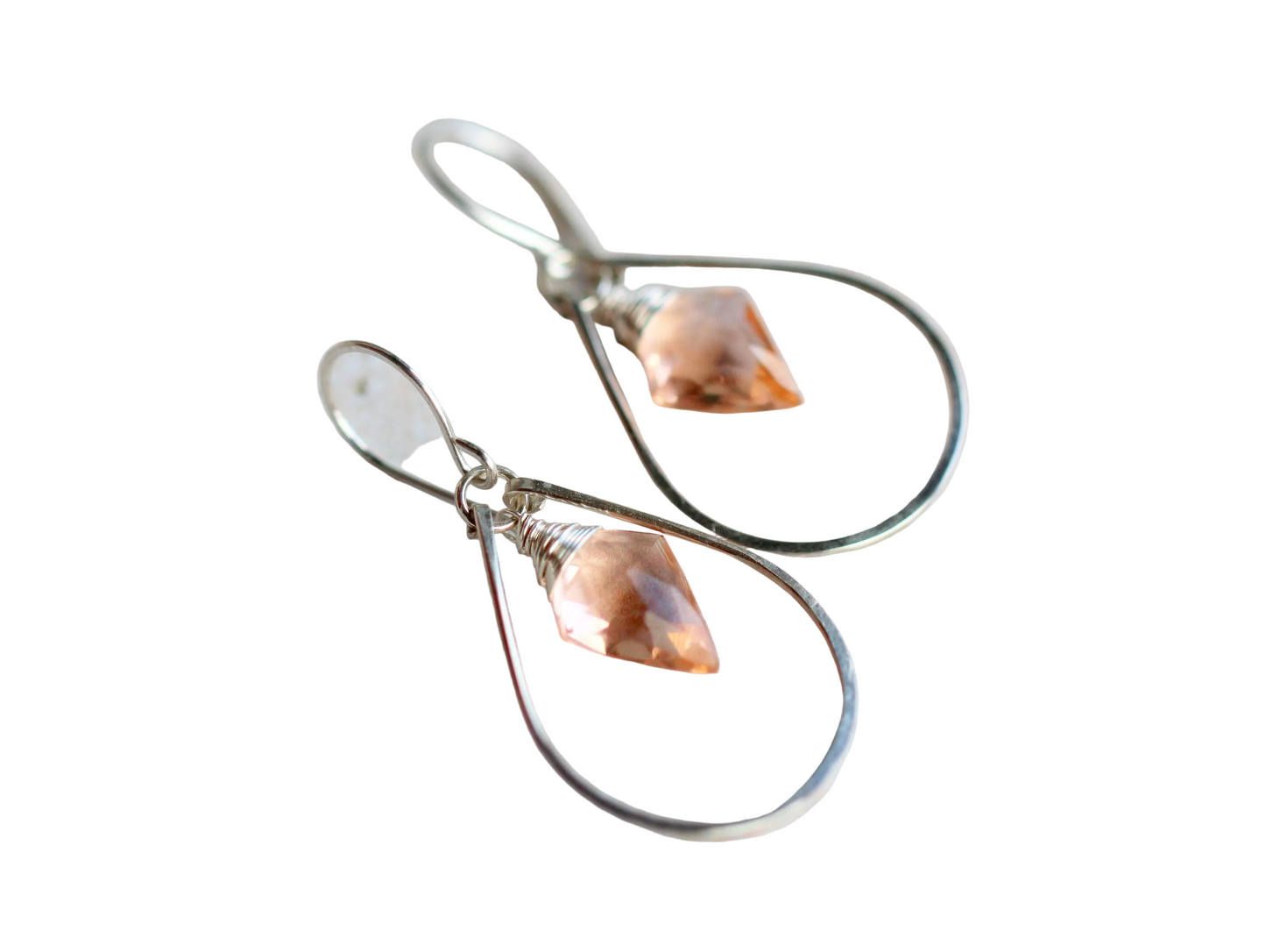 Arrow Hoop Earrings | Rosé Quartz Arrowhead | Hammered Teardrop Hoop | Sterling Silver, Gold & Rose Gold Fill